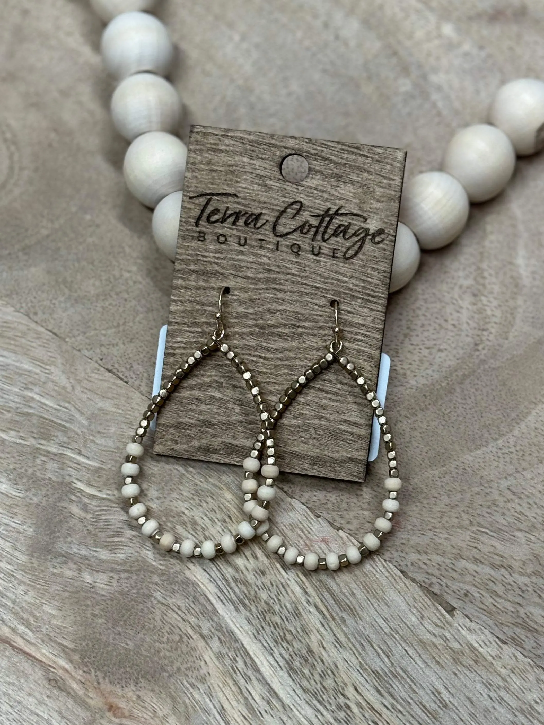 Ivory Wood Bead Teardrop Earrings
