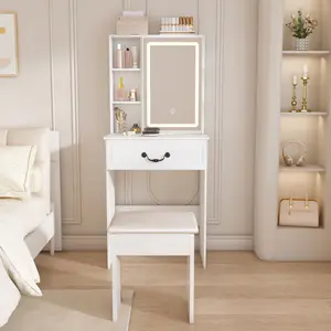 Modern Mini Dressing Table with LED-lit Mirror & Hidden Storage,Includes Padded Stool,Adjustable Brightness Vanity Desk,Multi-tier Dust-proof Shelves,White    RR