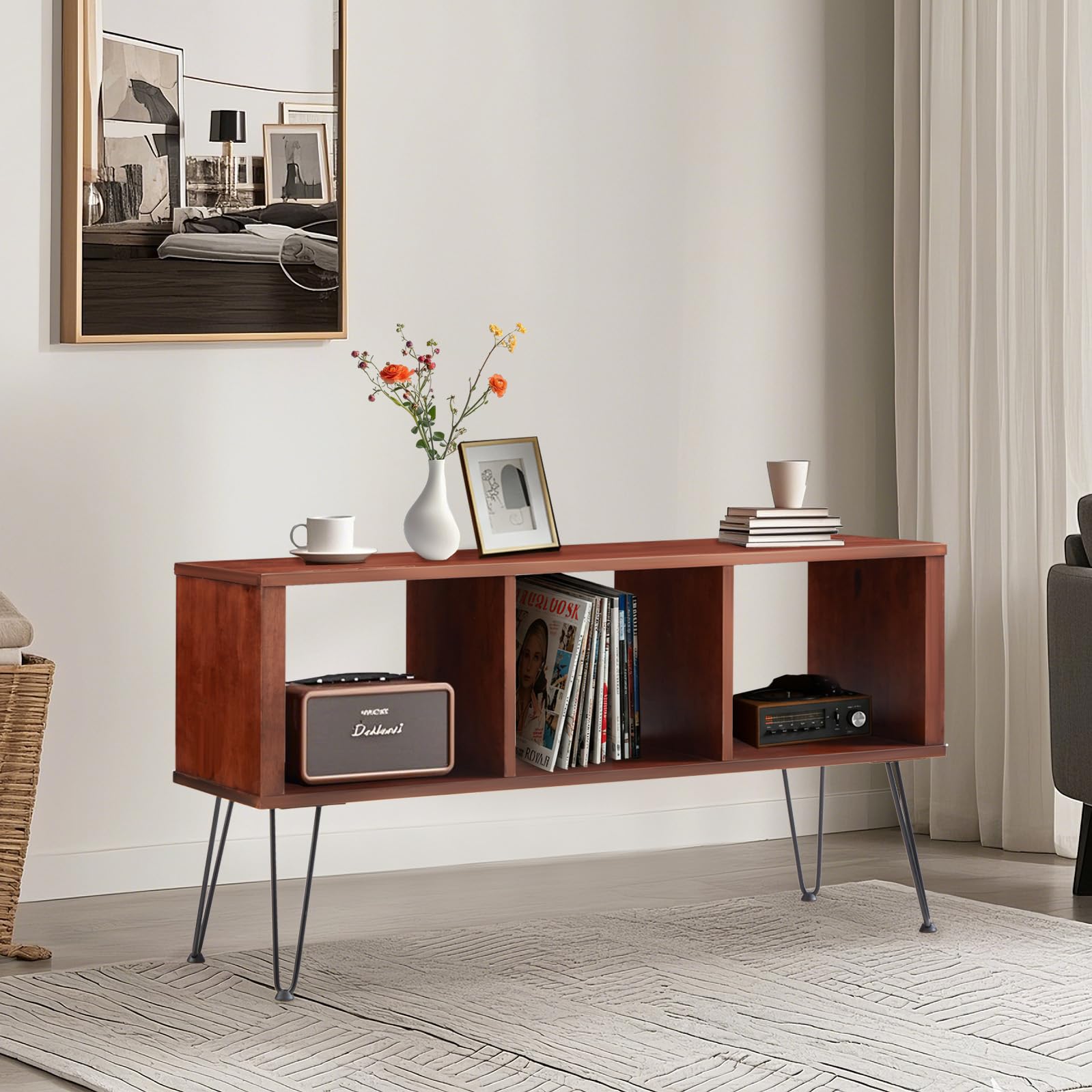 YODOLLA 50" Walnut Mid-Century Modern TV Stand, TV Up to 60 Inch, Detachable Legs, Vertical & Horizontal Storage, Record Holder Shelf for Living Room, Bedroom, Horizontal and Vertical