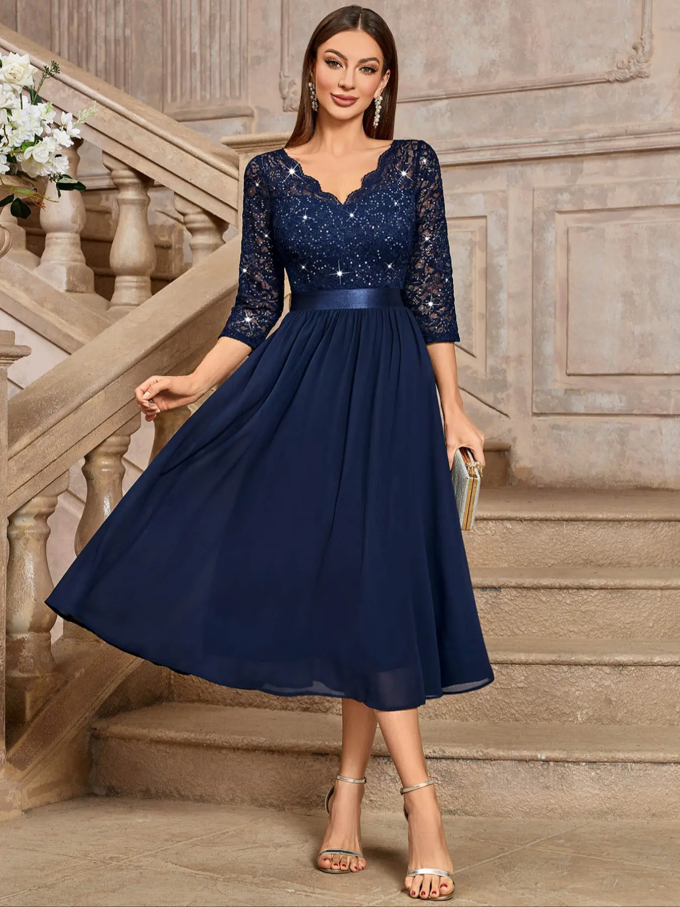 MIUSOL 24407A Elegant Modest Chic V-Neck Sequin Floral Lace Ruched Chiffon Flowy 3/4 Sleeve Women Formal Evening Party Long Dress, For Wedding Guest, Prom Party, Graduation, Cocktail, Swing Dress, A-Line Dress, Midi Dress, Formal Wear, Evening Dresses