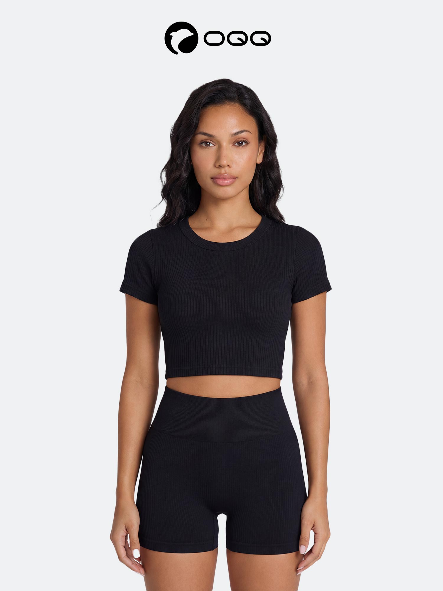 OQQ-Nine cents　Women's Basic Ribbed Crop Top | Slim-Fit Short-Sleeve Summer Tee