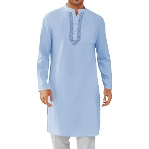 Runcati Mens Kaftan Thobe Button Down Casual Henley Shirts Long Sleeve Robe Cotton Linen Muslim Gown Shirt