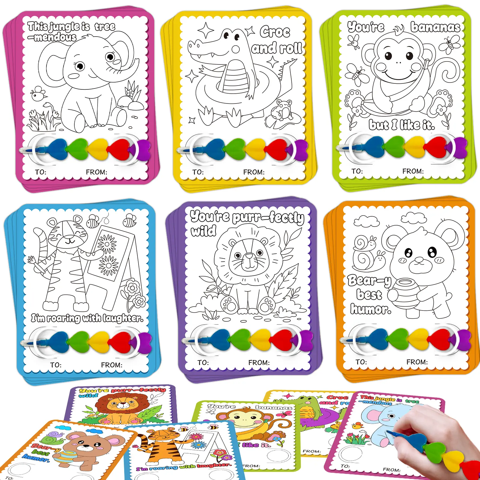 24Pcs Fun Jungle Animals Coloring Cards with 24 Stacking Crayons Set - Kids' Creative Cardstock Activity Kit, Boosts Creativity, Adds Festive Touch, Ideal for Party Favors, Activities，Classroom exchange.