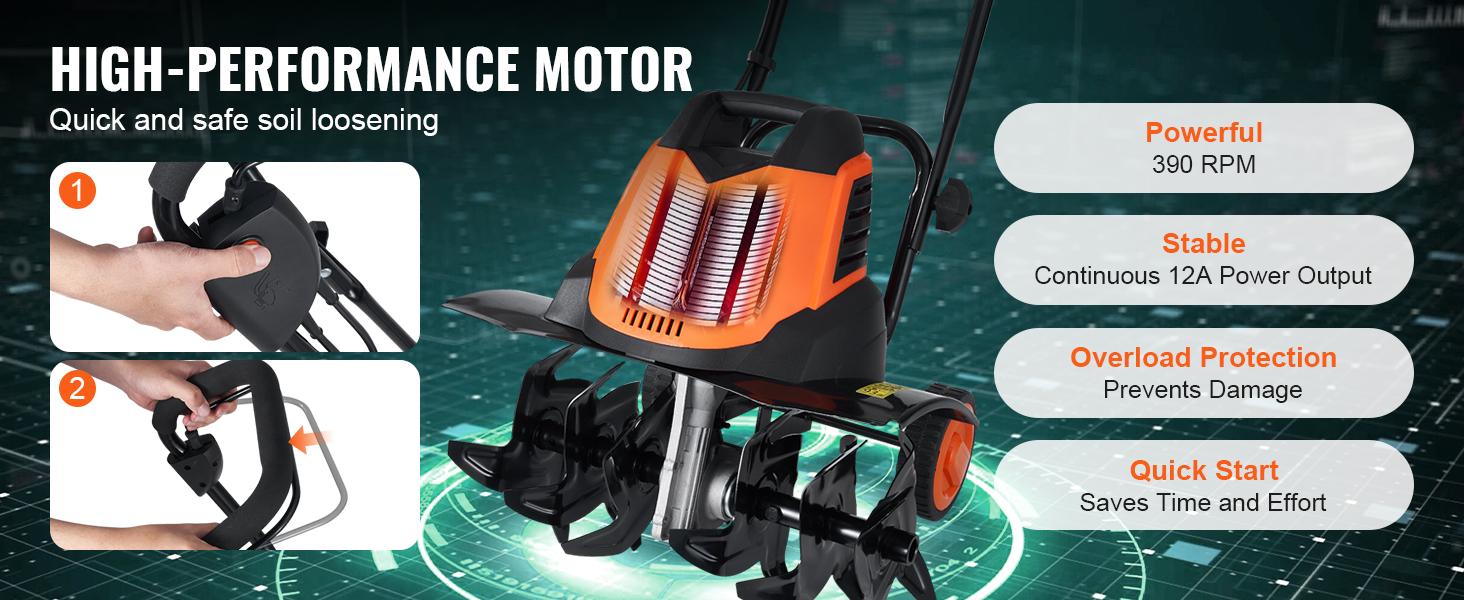 VEVOR 12 Amp Electric Tiller, 18" Tilling Width 3.94" Tilling Depth Corded Electric Tiller/Cultivator, Steel Mn Tines, Rototiller for Garden Lawn Soil Digging