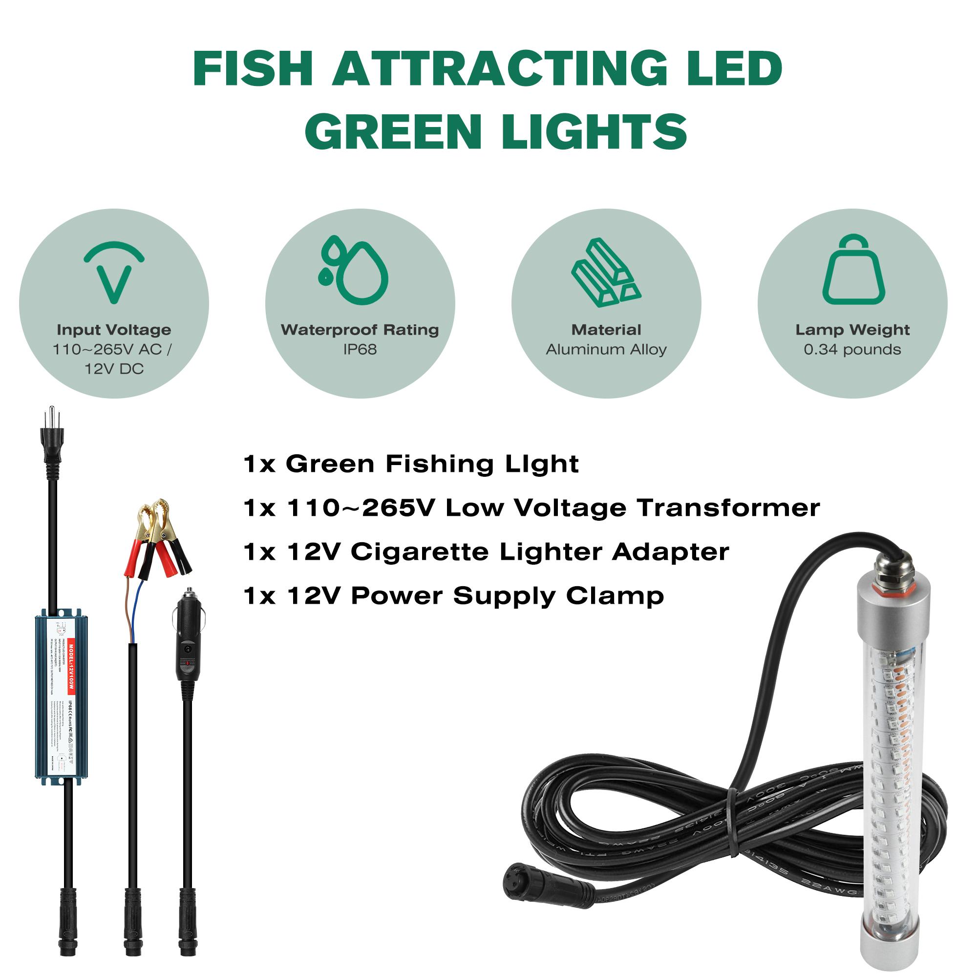 Green Underwater Fishing Light 12V / 110V-265V, 100W / 200W Fish Attracting Light for Boat Docks Kayaks at Night, Submersible Green Light for Crappie Snook Squid Bait Catfish (16ft / 32ft Cord) Green Underwater Fishing Light 12V / 110V-265V, 100W / 200W Fish Attracting Light for Boat Docks Kayaks at Night, Submersible Green Light for Crappie Snook Squid Bait Catfish (16ft / 32ft Cord)