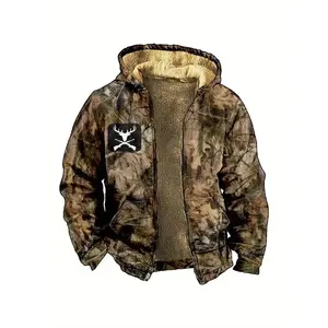 Men'S Camouflage Leaf Print Hooded Jacket with Fleece Lining - Casual Zip-Up Winter Outerwear, Camo Jacket, Warm Autumn Winter Wear Menswear Coats Can be used with raincoat