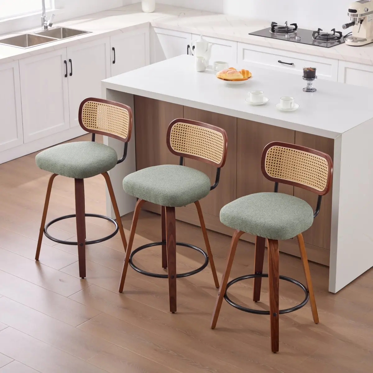 360° Swivel Barstools Set of 3, 26" Light Green Linen Upholstered Counter Height Stools with Cane Rattan Back, Bentwood Legs, Mid-Century Modern Kitchen Island Chairs, Barstool