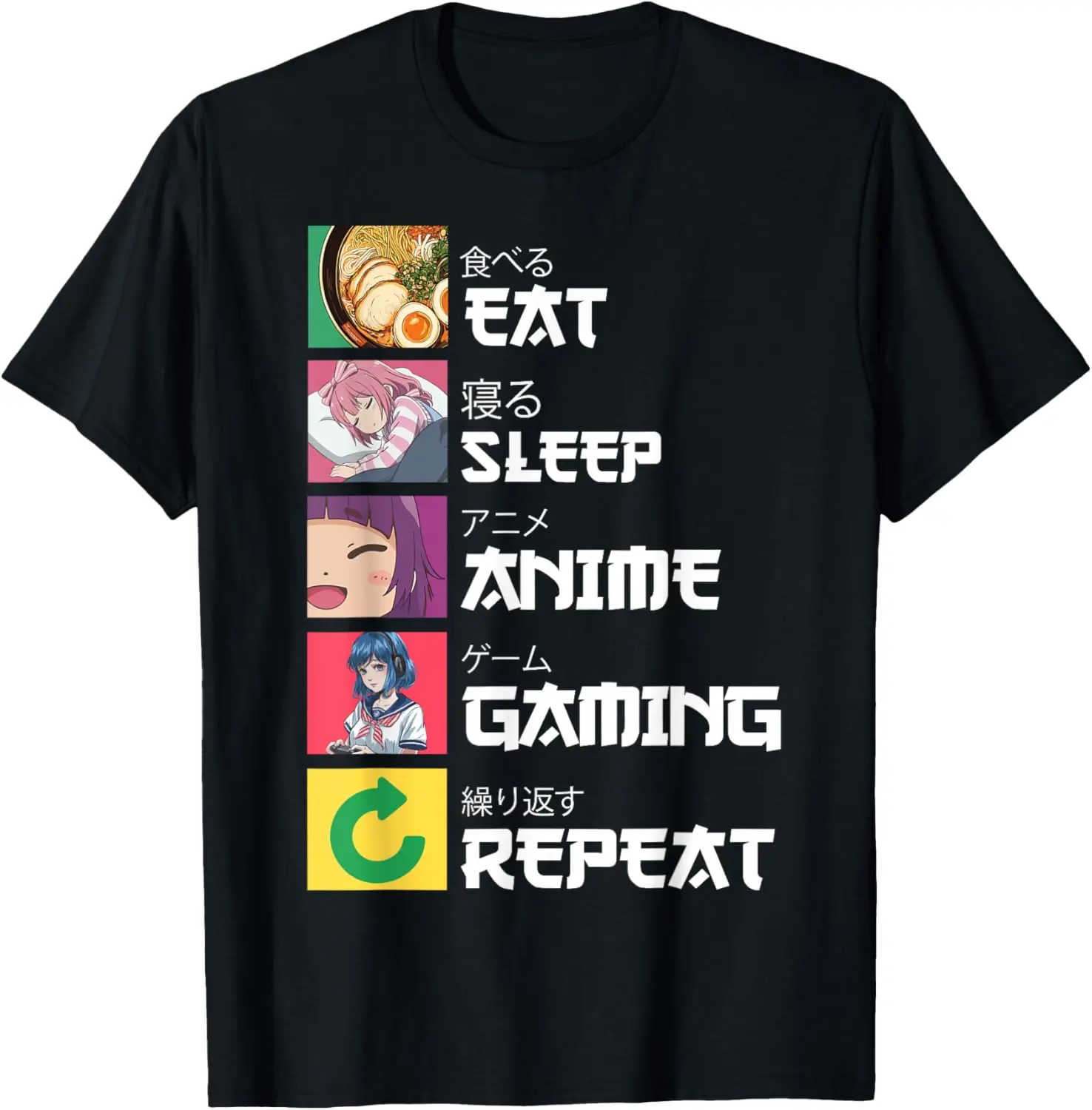 100% Cotton Eat Sleep Anime Gaming Repeat Unisex-Youth T-Shirt Black  Anime T-Shirt
