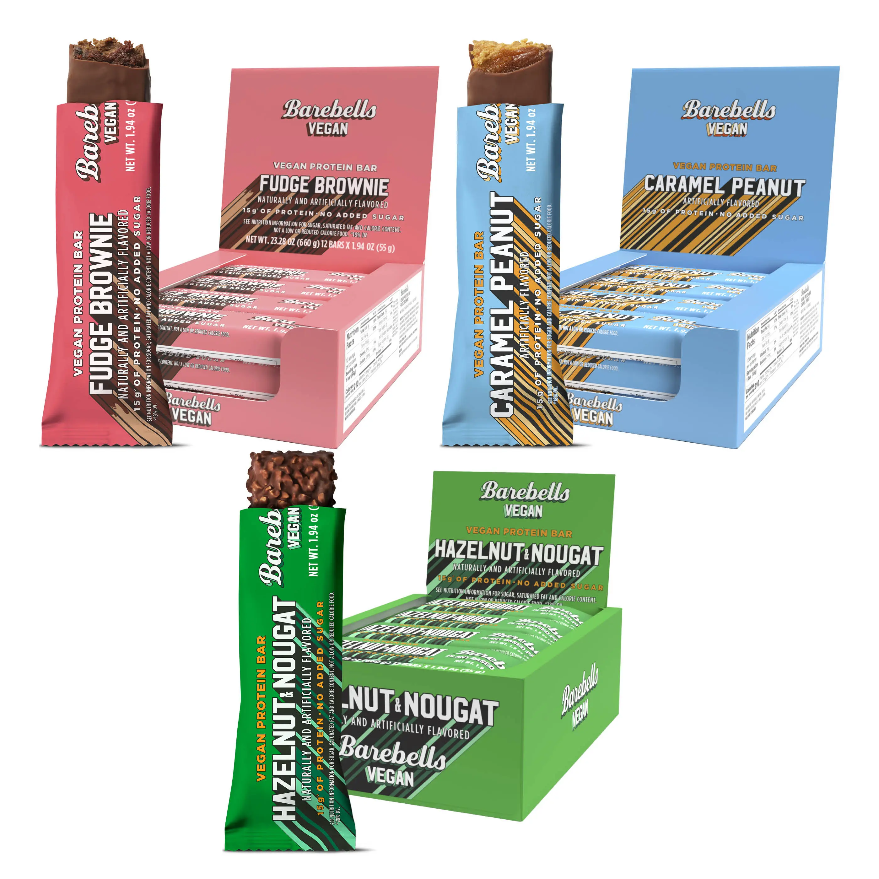 Barebells Fudge Brownie, Caramel Peanut & Hazelnut and Nougat - Vegan Protein Bar Bundle