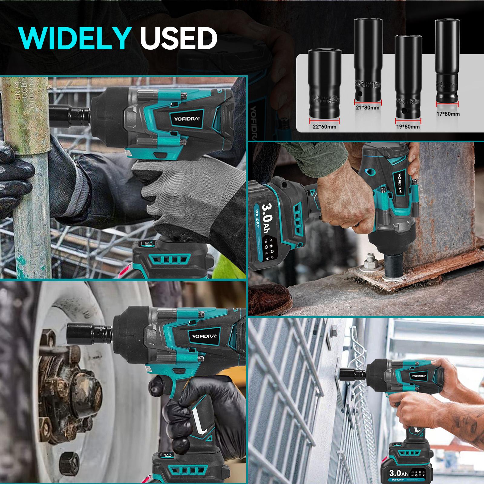 YOFIDRA Cordless Impact Wrench 1/2" Drive 1700Nm High Torque Power Tool Kit, 3-Speed Brushless Electric Wrench with 2×3.0Ah 1500mAh Batteries, Fast Charger, 17/19/21/22mm Sockets, LED Light, Compatible with Makita 18V Battery half inch YOFIDRA Cordless Impact Wrench 1/2" Drive 1700Nm High Torque Power Tool Kit, 3-Speed Brushless Electric Wrench with 2×3.0Ah 1500mAh Batteries, Fast Charger, 17/19/21/22mm Sockets, LED Light, Compatible with Makita 18V Battery half inch
