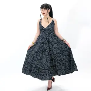 Karma Nepal Crafts Cotton Paisley Maxi Dress With Pockets , Adjustable Straps, Flowy Fit, Bohemian Summer Dress, Boho Witchy Outfit