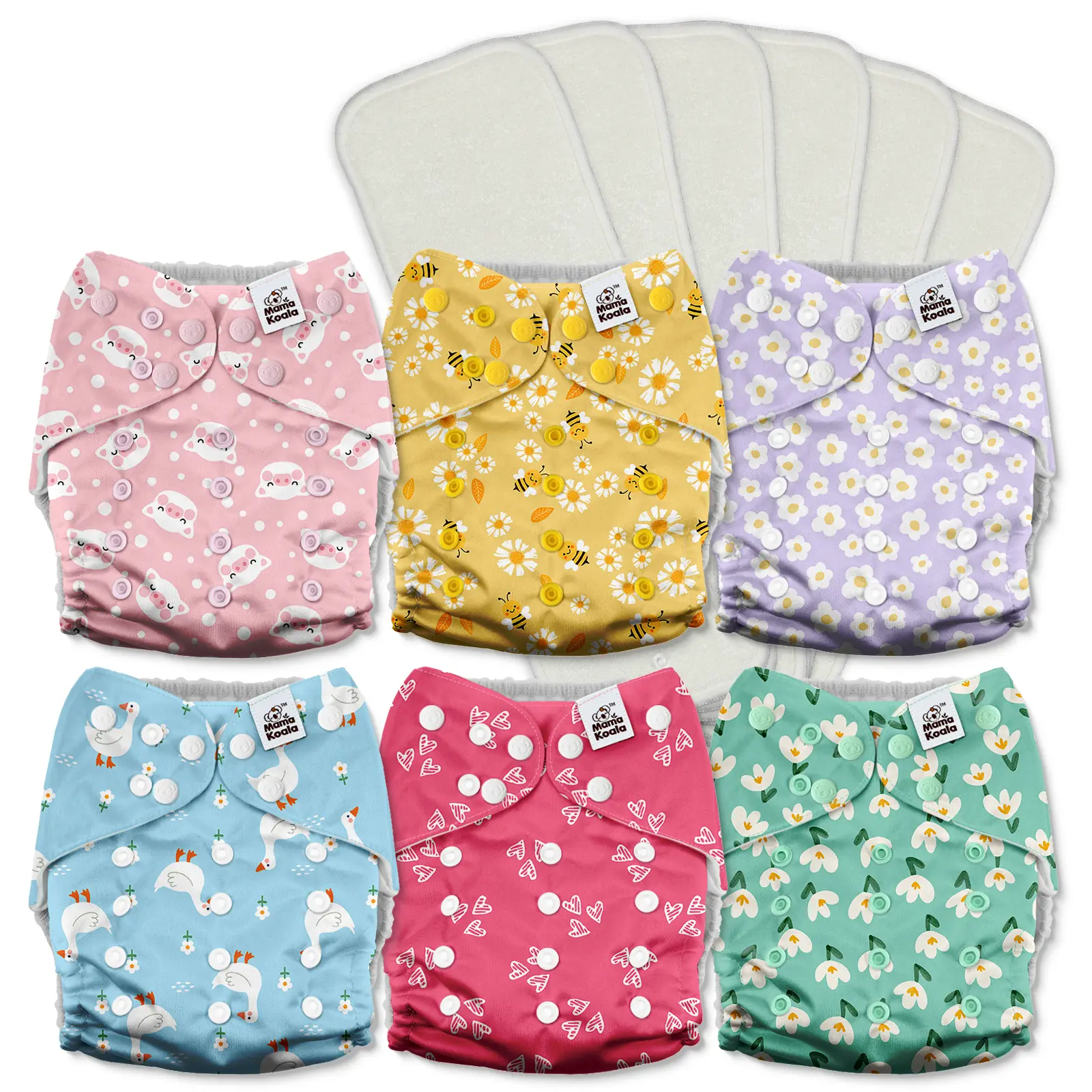 Mama Koala 3.0 Pocket Cloth Diapers for Babies with AWJ Lining, 6 Pack with 6 4-Layer Natural Cloth Diaper Inserts - Reusable and Washable Pocket Diapers(3A0048)