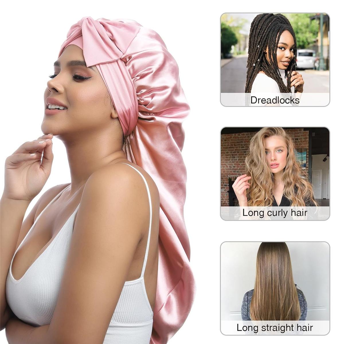 Single-Layer Summer Cool Style Solid Color Long Satin Bonnet Sleep Cap Adjustable Care Nightcap for Women Braids Curly Hair Natural Hair Wrap for Sleeping Cap with Tie Band Elastic Hair Care Bonnet