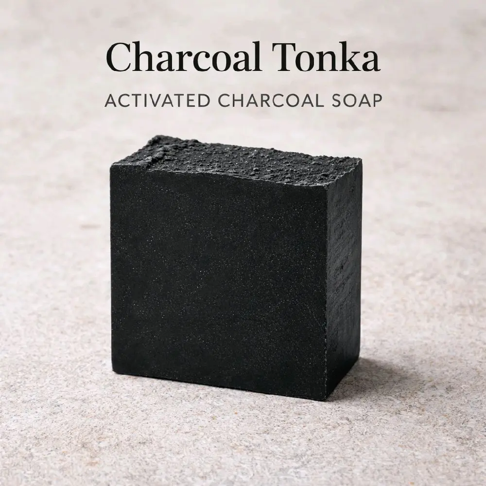Handmade Ginger & Pine Apothecary Tonka Activated Charcoal Solid Cleanser Soap Bar - 250g Deep Cleansing Detoxifying Bath & Shower Body Care Body Wash, Natural Charcoal Blend