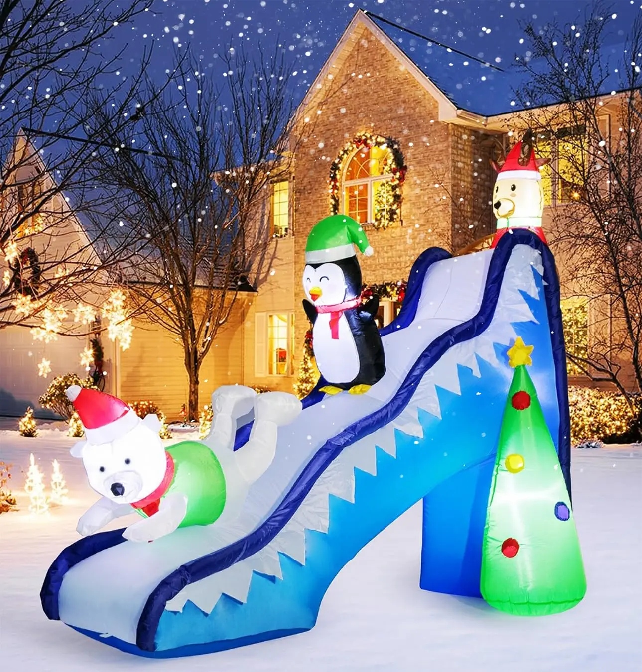 9 FT Inflatable Christmas Outdoor Decor with Holiday Humor Slide, Easy Inflation Setup, Reindeer, Penguin, Polar Bear, Built-in LED Lights, ABS Material, Interactive Decor for Lawn, Garden Festive Displays