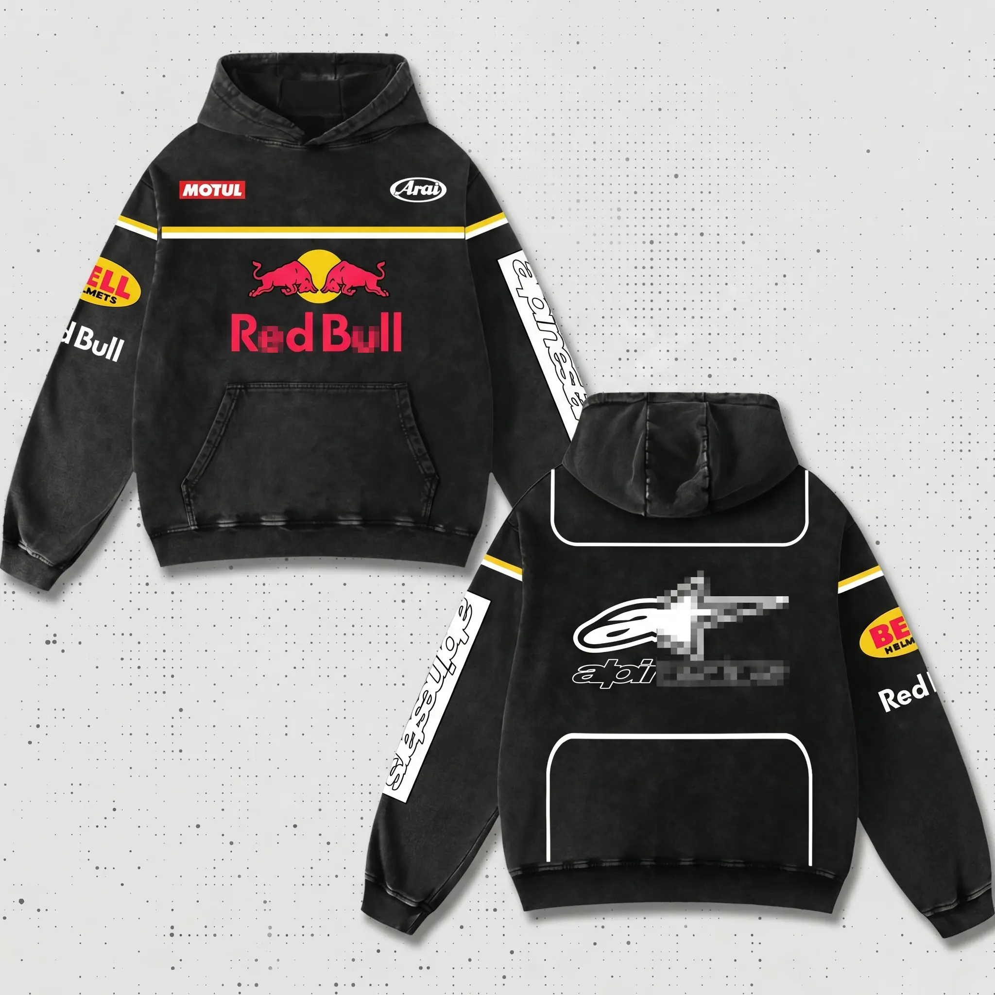 Retro Motul x Bell Hellmets x Red Racing Hoodie Washed Black, MotoGP World Championship Enthusiast, Motorcycle Off Road Dirt Bike Graphic Streetwear, Heavyweight Biker Sweatshirt, Moto Gear Motorbike Apparel Men’s Aesthetic Y2K Racing Jacket Style