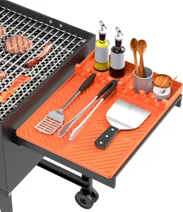 Silicone Griddle Tools Mat , Griddle Accessories Side Shelf Mat Grill Pad for Outdoor Grill Kitchen Counter Spatula Silicone Mat with Drip Pad (Orange & Black)