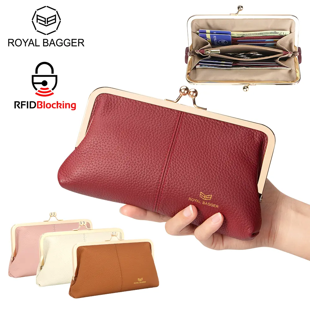 Royal Bagger RFID Shielded Multi-Functional Genuine Leather Solid Color Exquisite Cardholder Wallet - Multi-Card Slots, Kiss Lock Clutch Purse, Women's Gifts, Accessories for Women (1468), Multi Functional Wallet