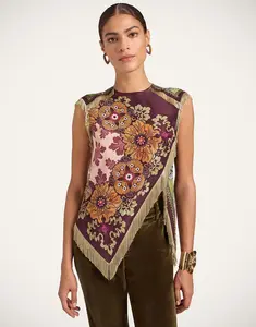 Ethnic Vintage Floral Print Woman Clothes Elegant O Neck Tassel Cross Split Irregular Top Summer Sleeveless Zipper Blouse Shirts, Irregular Tassel Crossover Vintage Top, elegant and artistic retro style