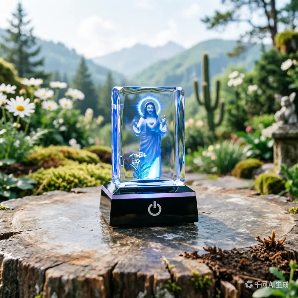 3D Crystal Christian Laser-Engraved Figurines - Virgin Mary Themed, Color-Changing Lighted Base, Religious Ornaments for Easter Baptism, Faith-Based Room Decor Unisex Birthday Gifts