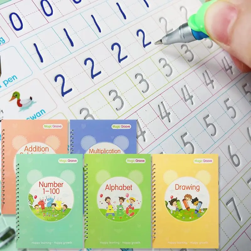 Reuseable Handwriting Practice Copybook set with 5 Handwriting Practice Books, 2 pen, 10 Pen Refills & 2 Pen Grip, School & Educational Supplies, Learning Handwriting Practice Books for Kids Birthday Gifts &