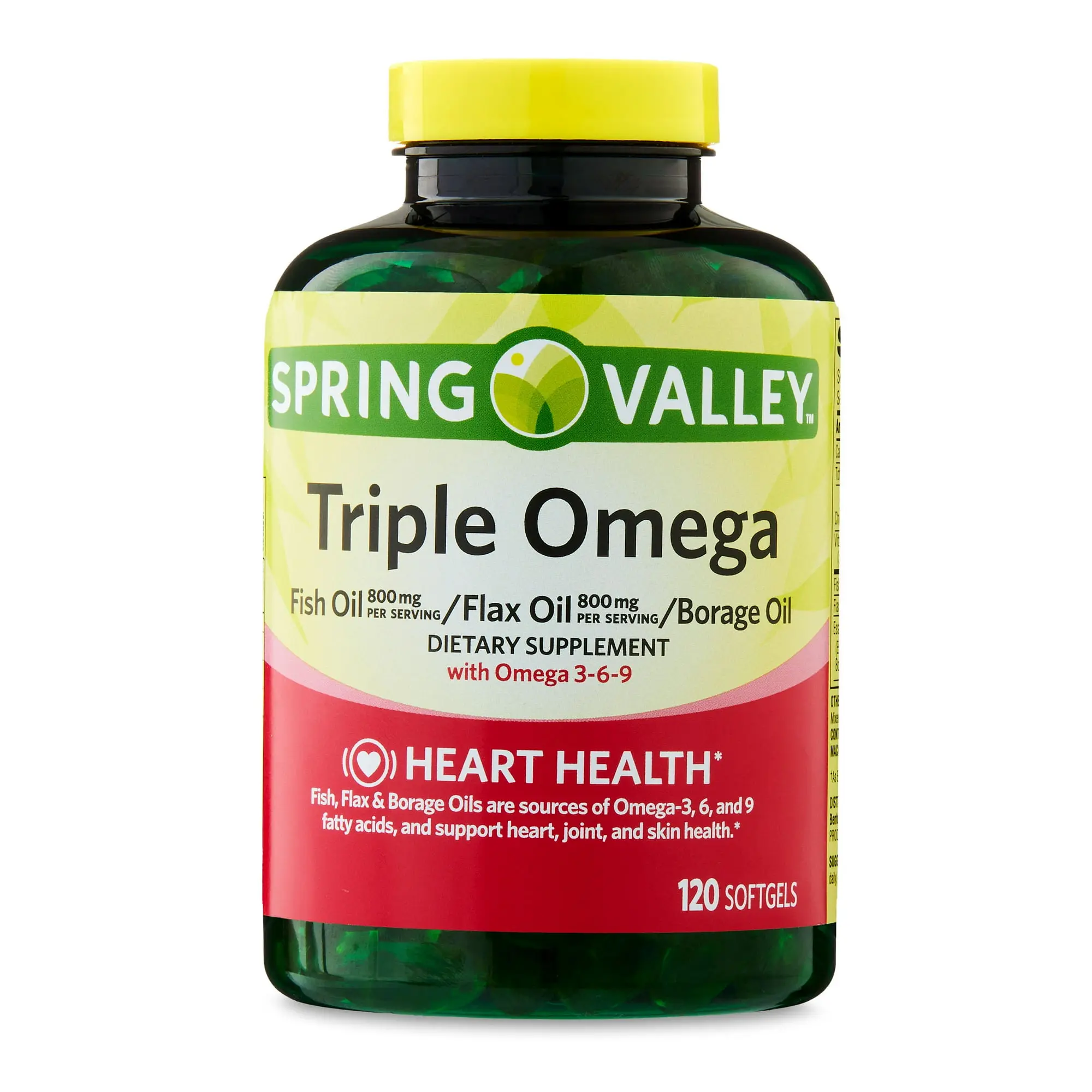 Spring Valley Triple Omega Fish 800mg, Flax 800mg & Borage Oil Softgels - Heart Health Supplement, 120 Count - Healthcare Dietary Product Fitness