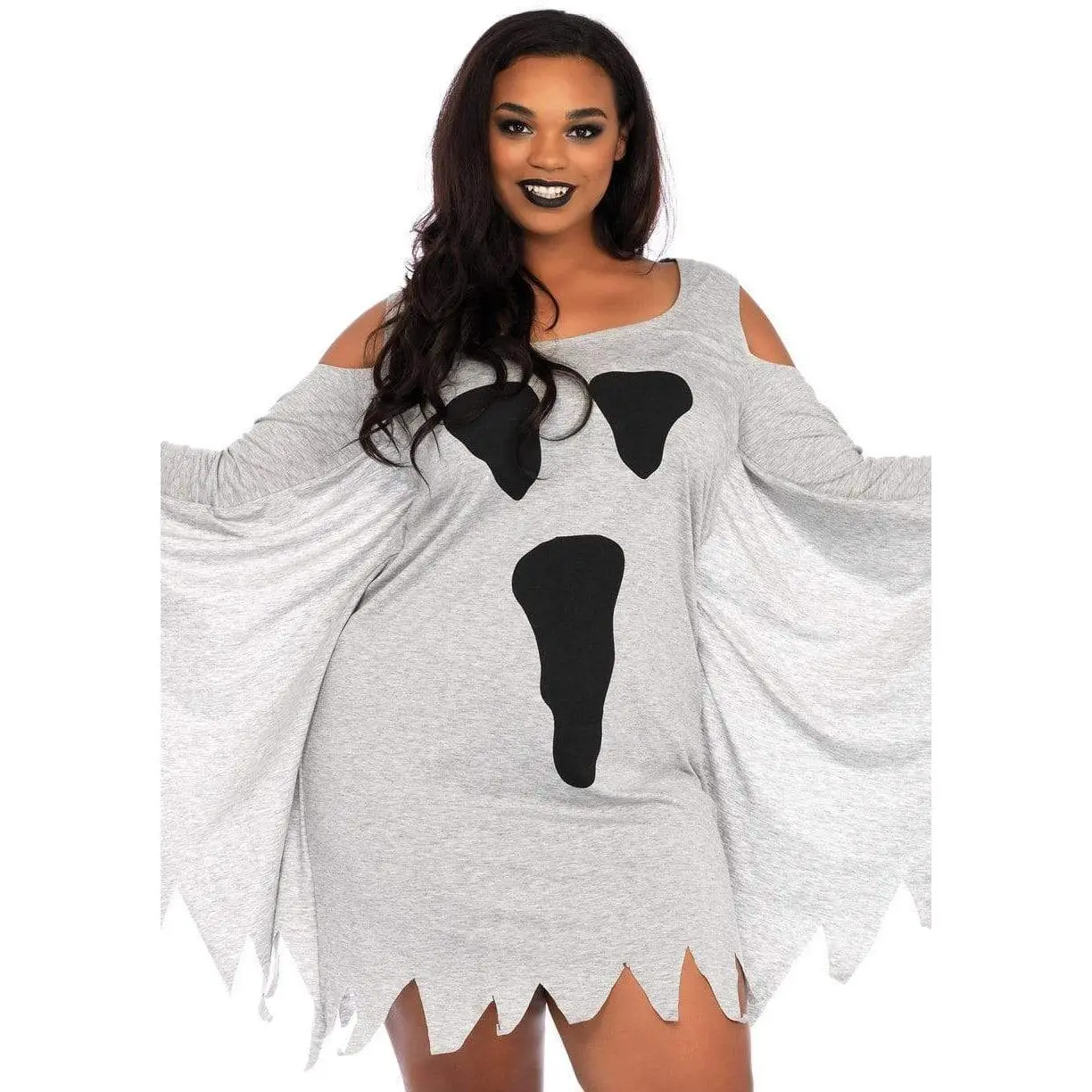 Plus-Size Ghost Costume Dress for Women, Stretchy Cotton Jersey Fabric with Cold Shoulder, Long Sleeves & Tattered Hem, Comfy, Gorgeous, Fits, Clothes, Cold Shoulders, Ghost Print