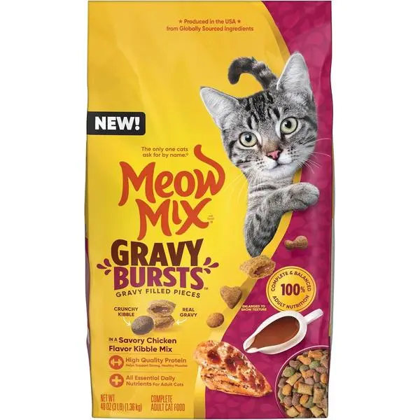 Meow Mix Gravy Bursts Dry Cat Food, Chicken, 3 LB Bag