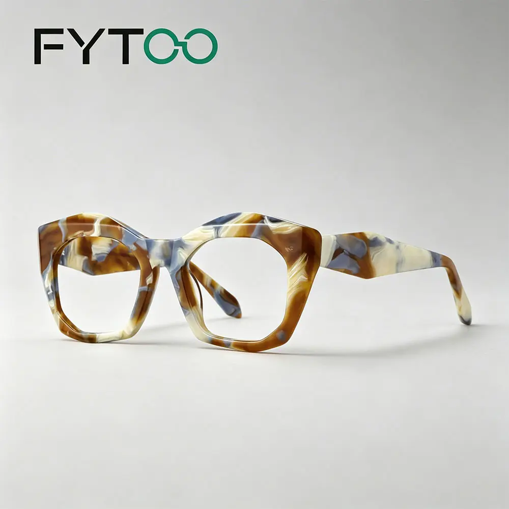 FYTOO Unisex Classic Square Marble Tortoiseshell Acetate Statement Frame Glasses - Lightweight Full-Rim, Polycarbonate Blue Light Blocking Lenses, Replaceable, Unique Texture, High-Quality for Content Creators