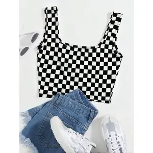 Women's Checkerboard Print Crop Tank Top, Casual Sleeveless Round Neck Top for Daily Wear, Ladies Clothes for All Seasons