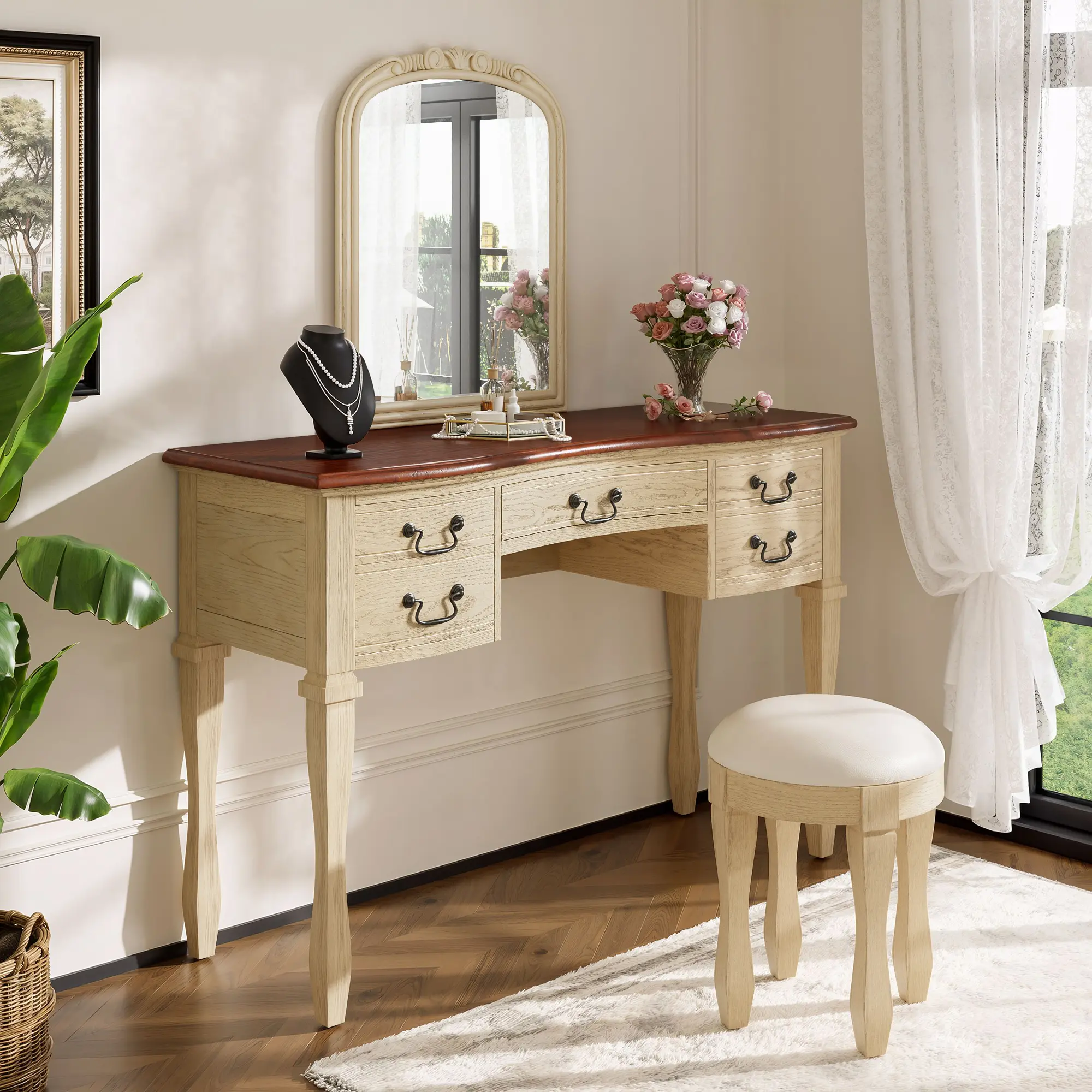 Vintage Vanity Desk with Curved Flower Frame Mirror, Wooden Dressing Table Set for Bedroom with Antique Handles & 5 Drawers, Girls Vanity Set with Cushioned Stool