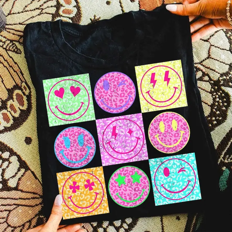 Neon Summer Smiley Face Checkerboard T-Shirt, Trendy Distressed Beach Graphic Tee, Retro Smiley Leopard Summer Shirt, Cute Neon Vacation Top