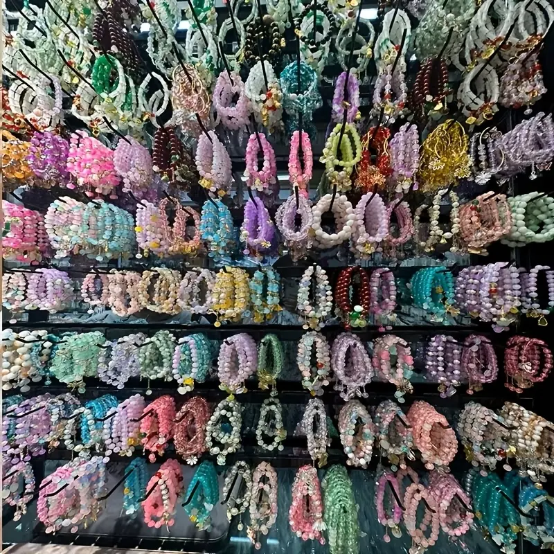 Unisex 47-Pc Mix Set Bohemian Glass Beaded Bracelets - Mixed Pendants, Star Floral, Heart, Butterfly Accents, Pull-On Stretch, Casual Daily Wear, Holiday Gifting Jewelry