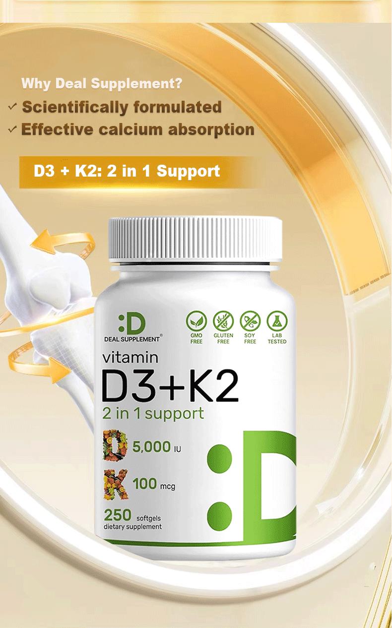 Deal Supplement Vitamin D3 & K2 250 Veggie Softgels 5000 IU D3 & 100 mcg K2 for Bone Immune Health & Calcium Absorption Gluten-Free Dairy-Free - Nutrient Rich Complex