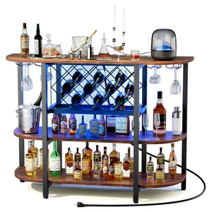 Wine Bar Cabinet with RGB LED Lights Outlet, Home Bar Table for Liquor, Bar Cart with Power Outlet, Kitchen Wine Rack