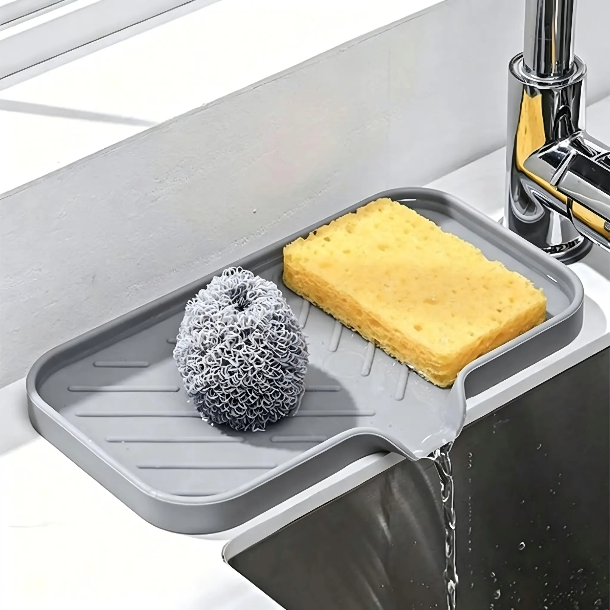 Multifunctional Classic Gray Silicone Sink Tray - Affordable Must-Have Home Organizer, Rectangle Coffee Bar Mat, Sink Caddy Organizer, Kitchen Sponge Holder, Bathroom Soap Tray, Soap Bottle Holder, Countertop Drainage Mat, Cleaning Brush Holder