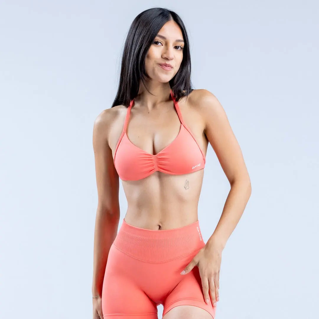 DFYNE Impact Strappy Bra & Shorts Set - Sleek and Supportive Activewear in Plain Coral Color for Women