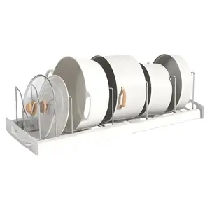 Expandable Pot and Pan Organizer Rack for Cabinet, Pot Lid Organizer Holder with7 Stainless Steel Adjustable Dividers for Kitchen Cabinet Organizer and Storage , ideal for Baking Pans,(White, Grey)Foldable Design,Gifts for Mom
