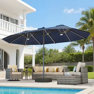 Weaxty 15Ft Large Patio Umbrella with Solar Lights&Base, Waterproof Canopies, Parasols, Sunshade for Backyard Deck Swimming Pool, Shade Huge Double-Sided, Push Button Tilt and Crank Handle