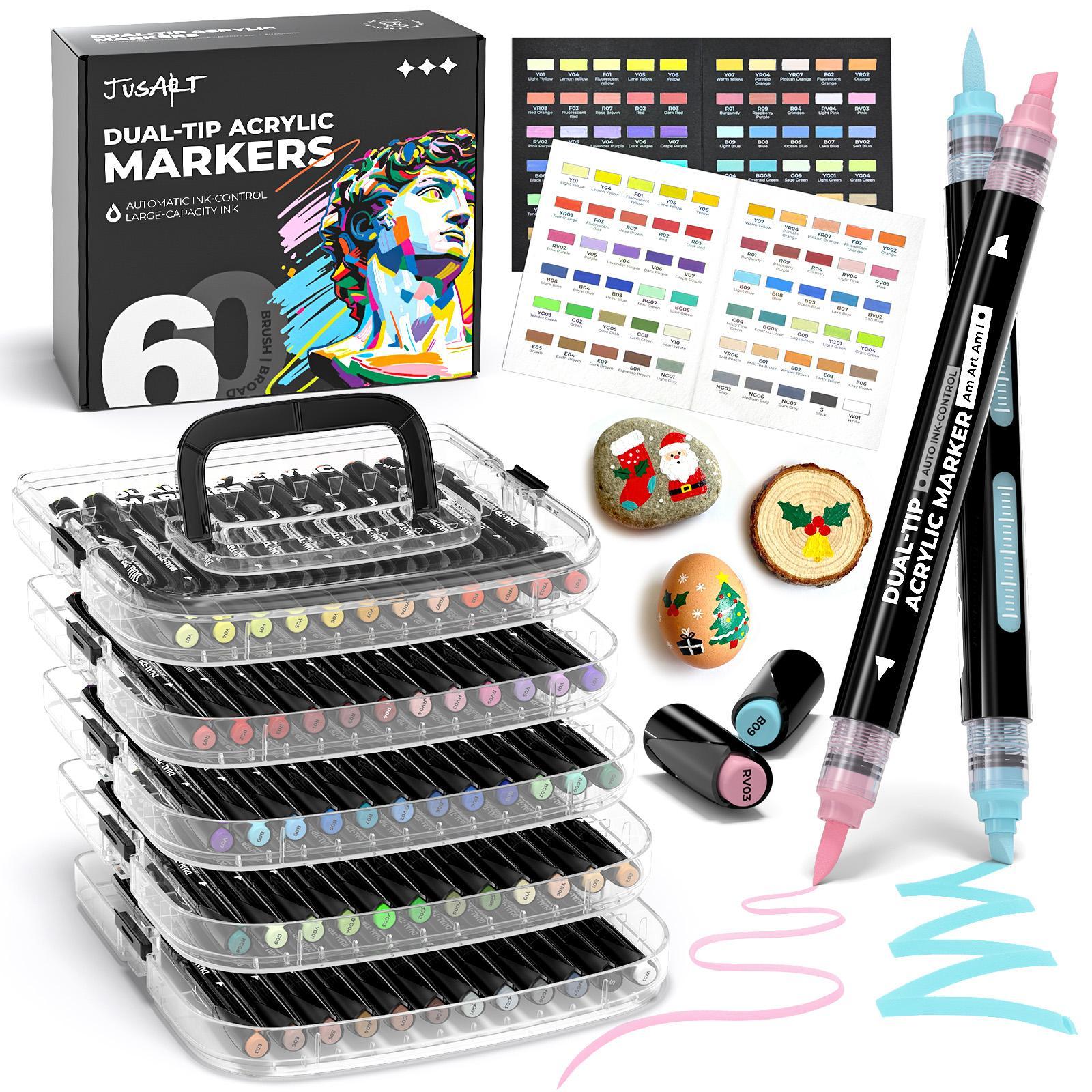JusArt 36/60 Colors Automatic Ink Control Acrylic Paint Markers Dual Tip with Broad Tip and Brush Tip Pens for Ceramic, Wood, Canvas, Glass, Stone, Fabric, Rock Painting, DIY Crafts Art Supplies Kit