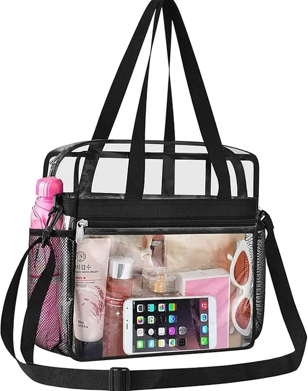 Transparent Stadium Clear Bag - Home Organizer Storage Tote with Zipper Pocket, Adjustable Shoulder Strap, Side Mesh Pockets for Concerts, Game Day, Travel