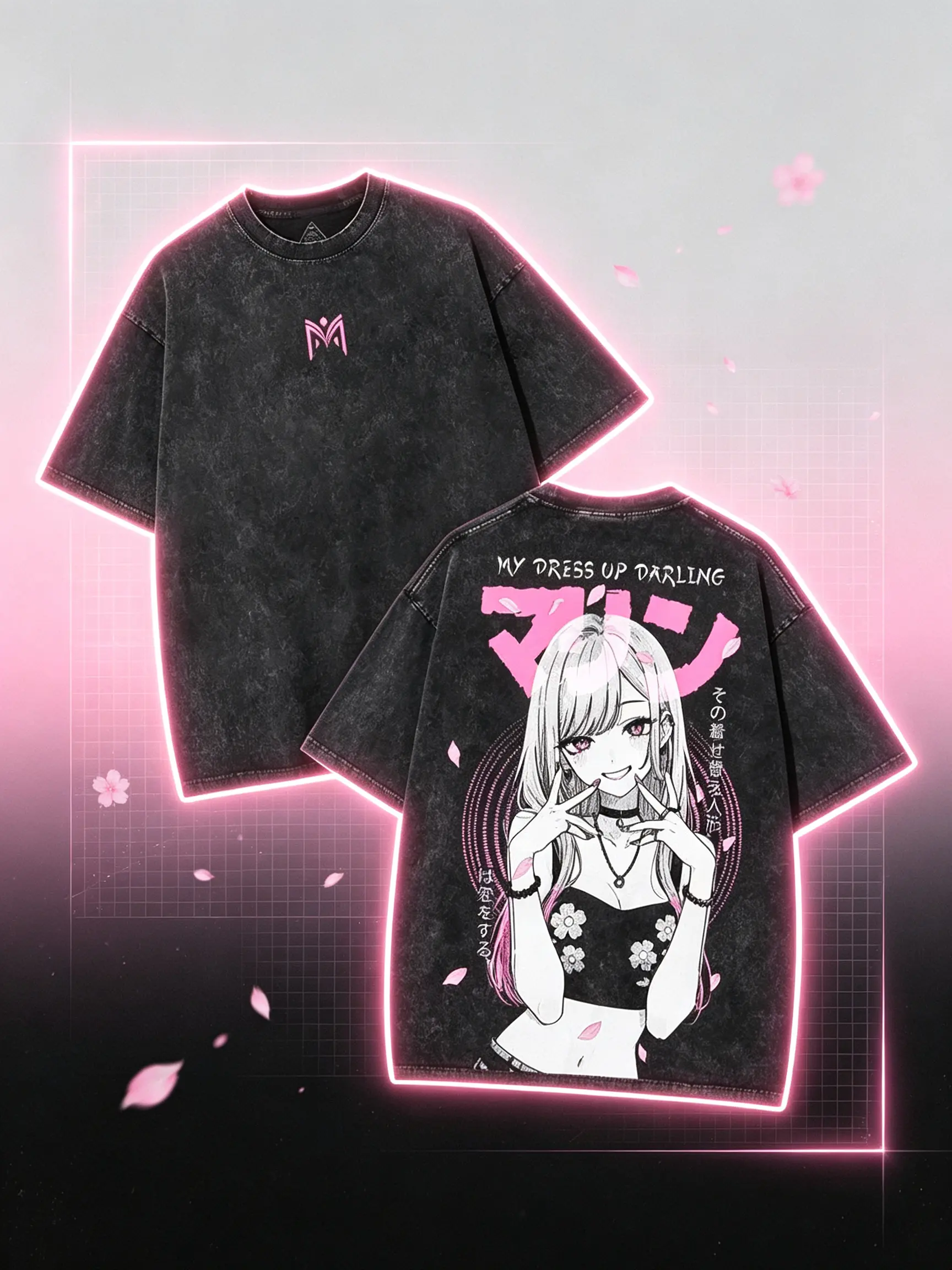Men's Graphic T-Shirt, Oversized Washed 260GSM Cotton Short-Sleeve with Marin Kitagawa Pink Sakura Anime Back Art, Unisex Aesthetic Round Neck Streetwear, Vibe, Shortsleeve, Menswear, Stylish, Tops Crewneck Casual