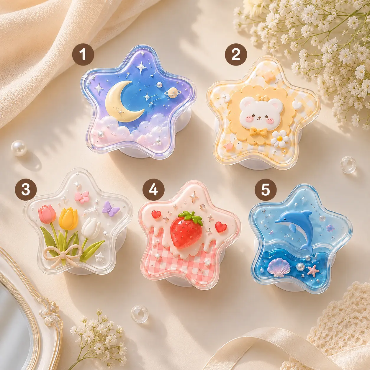 Cute star phone grip, cosmic moon and star aesthetic collapsible acrylic griptok