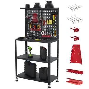 Garvee 32 Inches Metal Workbench with Pegboard,Garage Work table with Storage,60" Tall Adjustable Metal Workstation for Workshop,