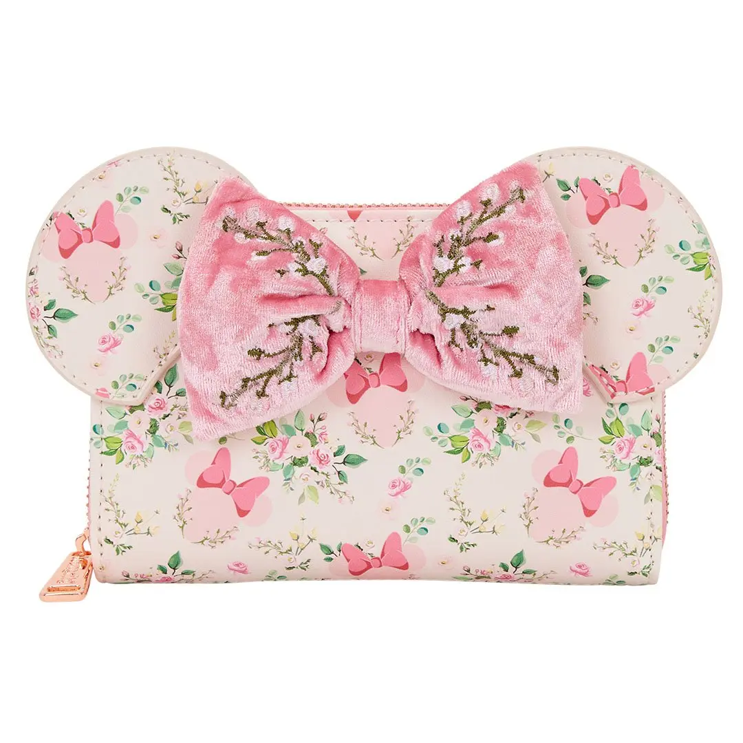 Loungefly Disney Minnie Mouse Floral Faux Leather Wallet with Zipper, 3D Applique Ears, Velvet Bow, and Embroidery, Zipper Pouch Wallet, Casual Wear, Graphic