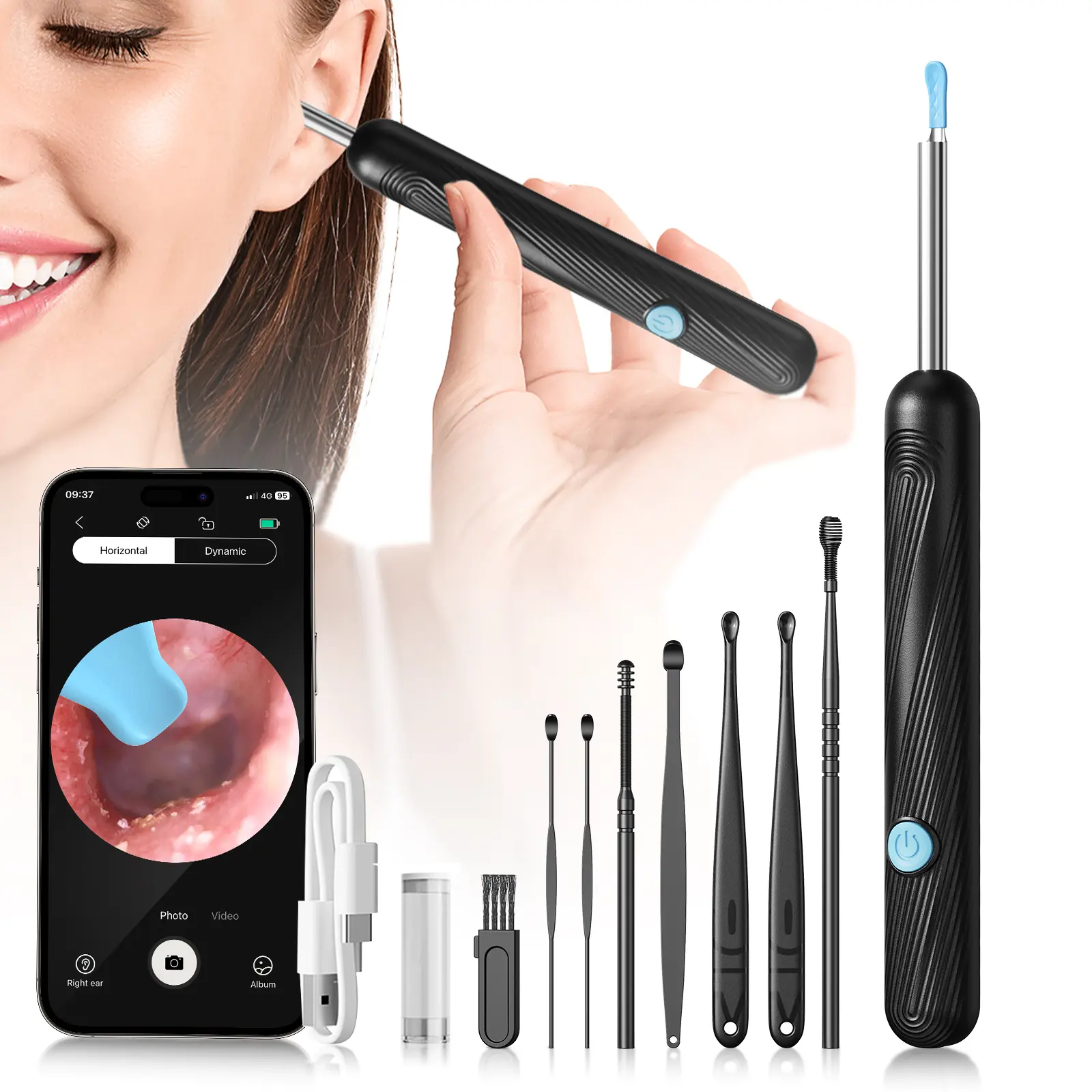 [backtoschool]1080P HD EarWax Removal Tool with Camera 6 Ear Spoons Set Rechargeable USB Battery Dual Power Safe Ear Care Gentle with WiFi Ear Cleaning