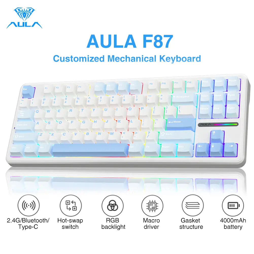 AULA F87 Wireless TKL Mechanical Gasket Mounted Creamy Keyboard - 87-Key, Pre-lubed Greywood Hot Swappable Switches, 2 Extra Pre-lubed Linear Switches, PBT Keycaps, Color Changing RGB Lights, 2.4G/BT/USB-C Connectivity, Keycap Puller, PC Setup Accessory