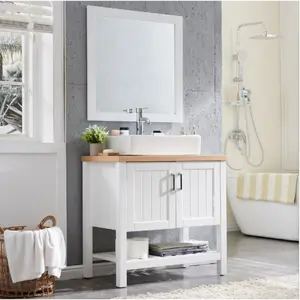 32" Bathroom Vanity with Sink,Single Bathroom Vanities Cabinet with Doors and Open Shelf,Solid Wood Small Vanity with Sink Set and Mirror,for Bathroom,White+Natural