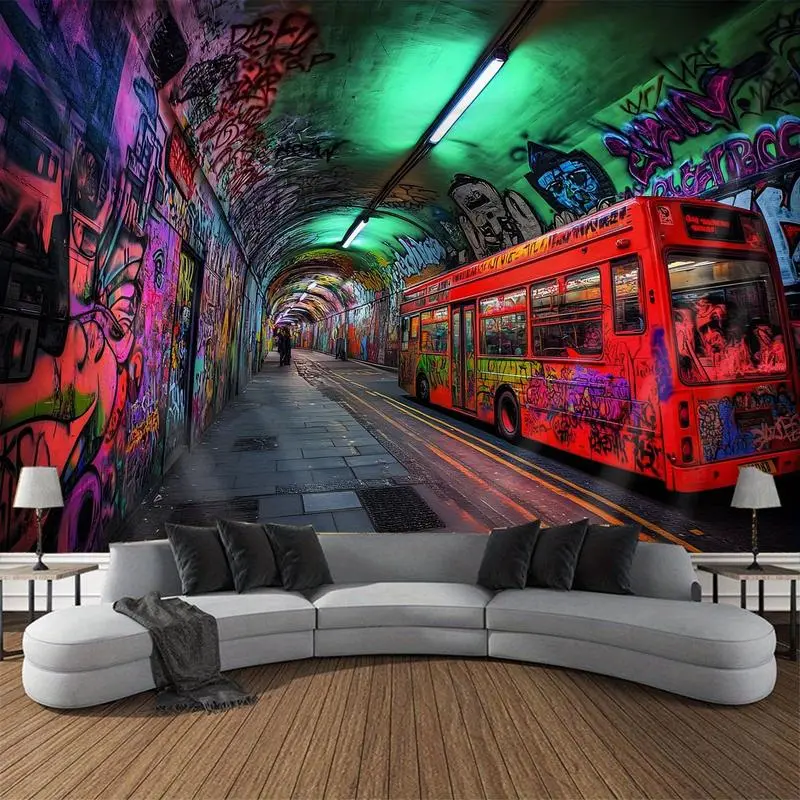 1Pc Urban Graffiti Tunnel Tapestry - Vibrant Polyester Velvet Wall Decor with Hand-Stitched Edges, 1-Piece Horizontal Indoor/Outdoors Hanging for Living Room, Wrinkle-Free, No Power Needed