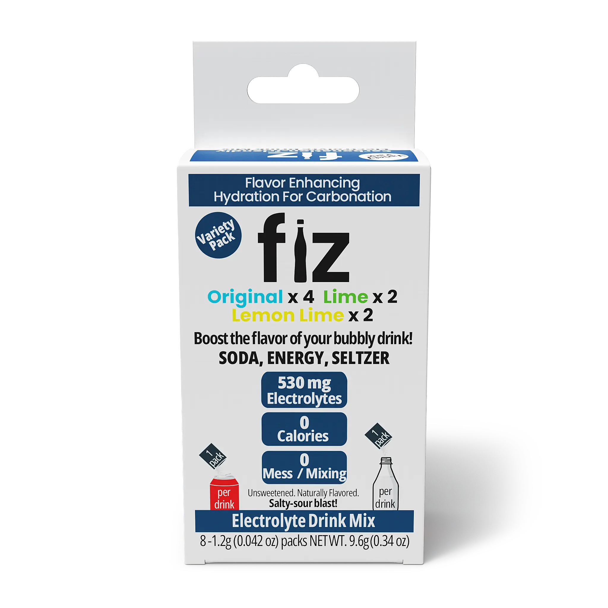 Fiz Variety Pack - 8 Pack Electrolyte Drink Mix for Carbonated Beverages Original Lime Lemon Lime No Sugar No Calories 530 mg Electrolytes